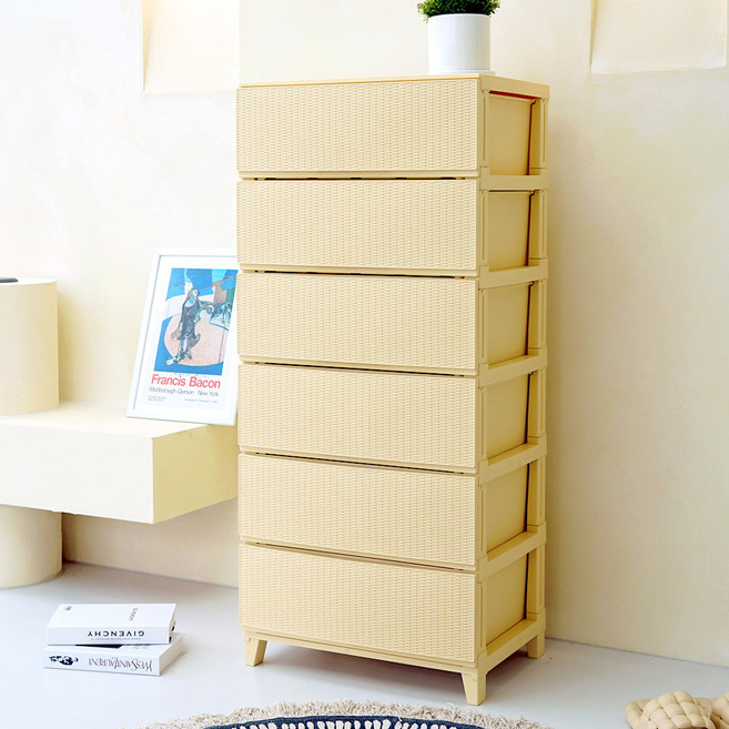 보노하우스 가든 라탄 서랍장 와이드형, 버터, 6단
