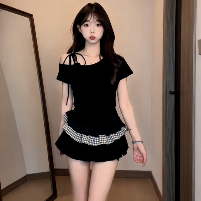 피어니스트 여성용 보우 오프숄더 레이어드 체크 티셔츠