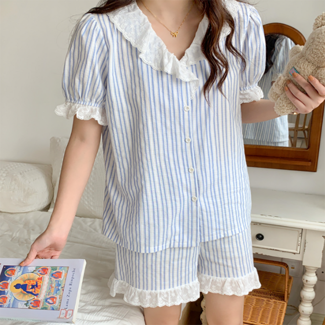 피어니스트 여성용 레이스 파자마 단가라 반팔 잠옷 상하의 세트