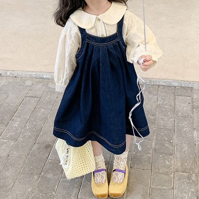 조이멀티 엠케이 여아용 진청 멜빵 치마 자수 블라우스 + 원피스 세트