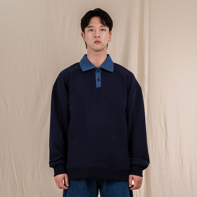 엘라모 남녀공용 투버튼 데님 카라 맨투맨