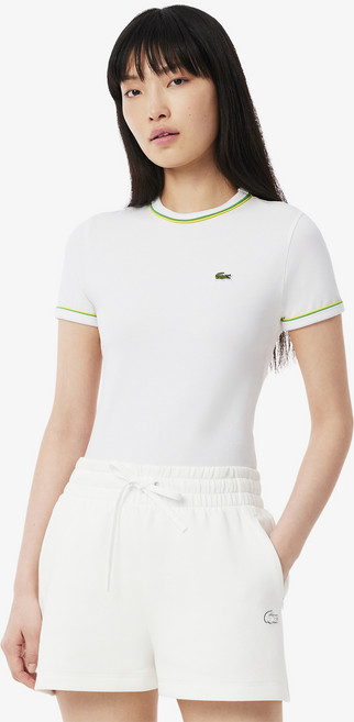 라코스테 여성용 더블 파이핑 슬림핏 저지 반소매 티셔츠