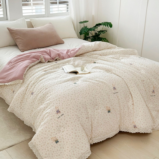 夢之語 韓版石墨烯雙層紗蕾絲雲朵被, 悅動小兔