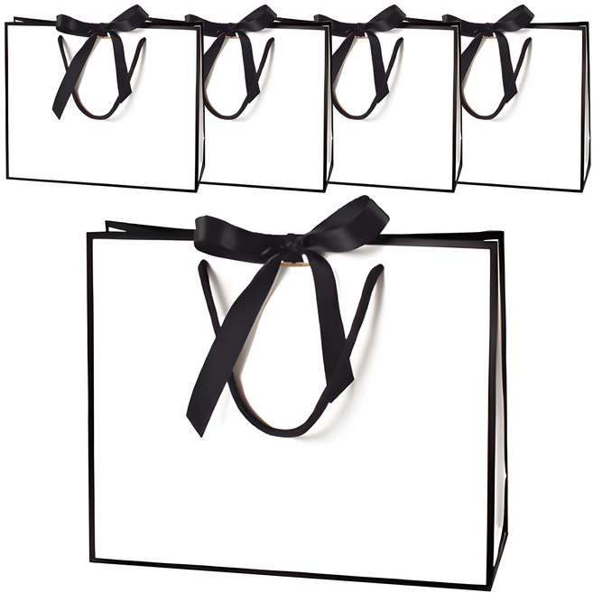 Hugoing 緞帶禮品購物袋, 白+黑, 5個