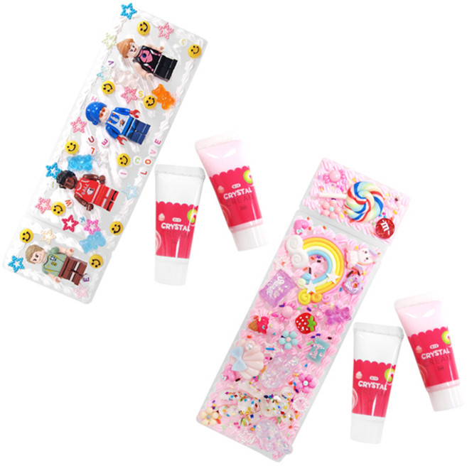 DIY 블럭 필통 꾸미기 키트 + DIY 필통 꾸미기 키트, 반투명(필통), 랜덤발송(파츠, 토핑, 블럭, 중성펜), 핑크(점토), 흰색(점토), 1세트