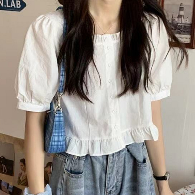 더플로우커머스 여성용 러블리 퍼프 소매 크롭 프릴 블라우스