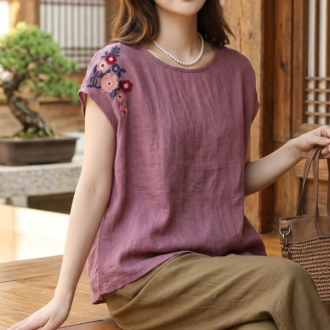 INFIOUS 女款中年薄款大尺碼花朵夏季短袖T恤 I263-0137