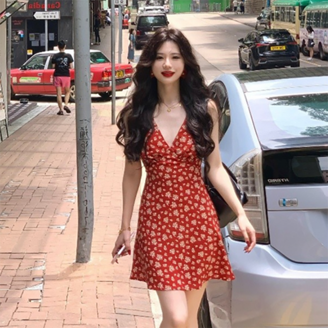 피어니스트 여성용 브이넥 민소매 플라워 쉬폰 미니 원피스