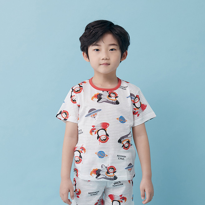 올로미미 아동용 로켓펭귄 오가닉 5부 자카드 실내복 세트