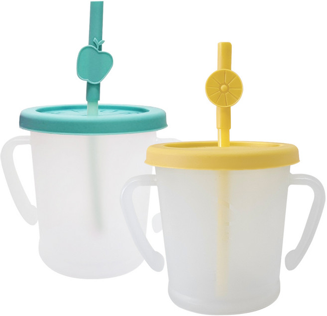 아가프라 매직빨대컵 S 2종 + 과일탑 2p 세트, 300ml, 1세트, 옐로우 + 민트(컵), 랜덤 발송(과일탑)