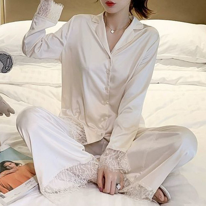 Anna&Co 女性蕾絲絲質長袖睡衣上下套裝