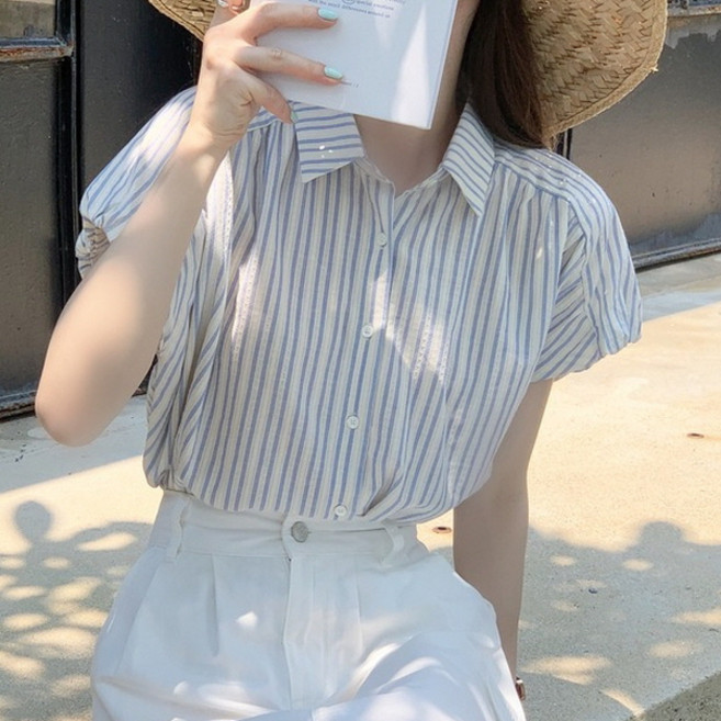 Pianist女款泡泡袖短袖條紋翻領襯衫