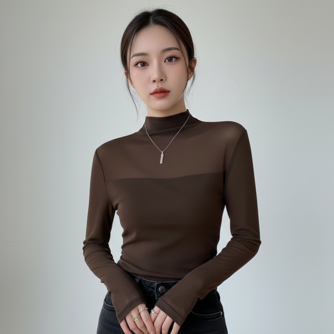 마켓피아 여성용 슬림 시스루 반목 긴팔 티셔츠