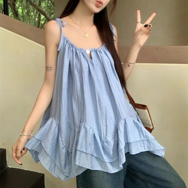I'M MONG 女款寬鬆削肩抓皺荷葉邊無袖上衣 R6H165