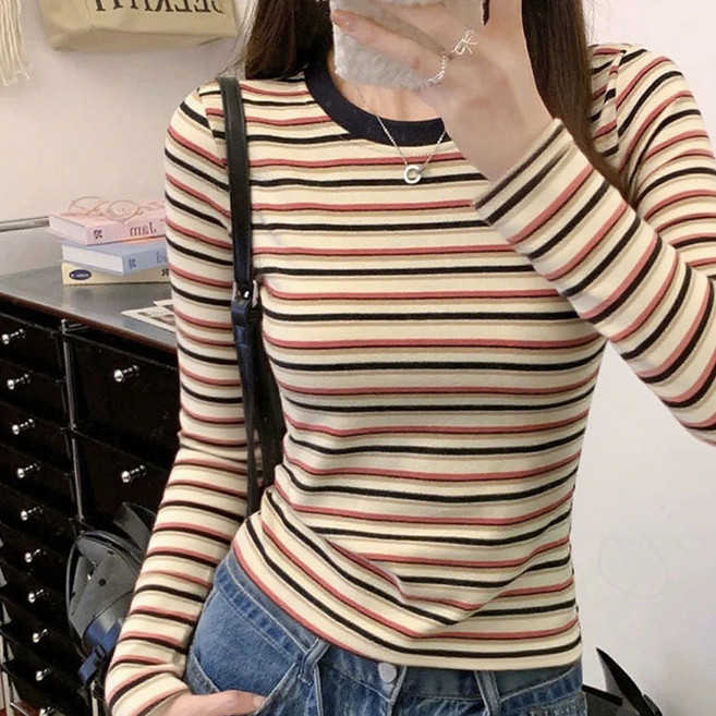 디멜디 여성용 데일리코디 스트라이프 슬림핏 긴팔 티셔츠