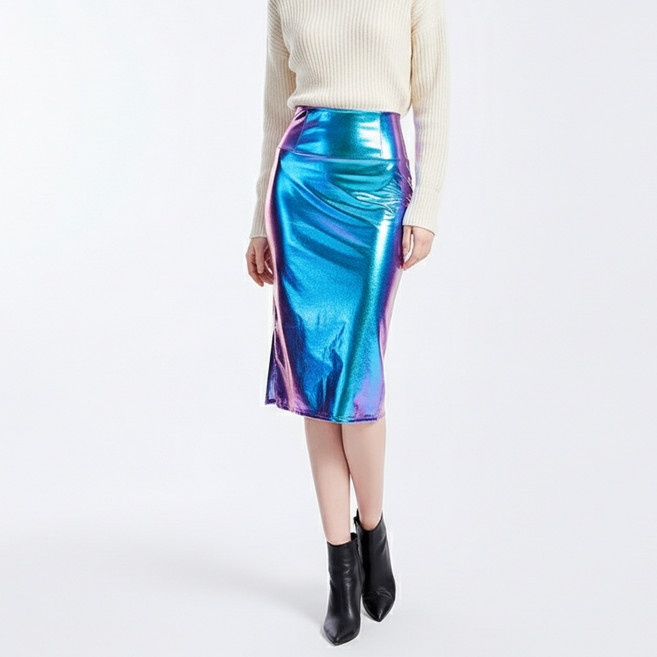 마켓피아 여성용 슬릿 레더 H라인 미디 스커트