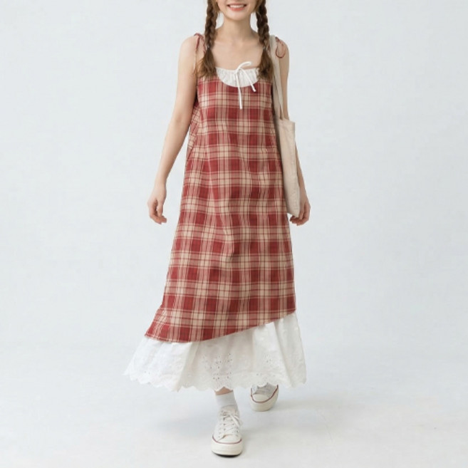 아이캔심플 여성용 청순무드 레이스 레이어드 체크 원피스