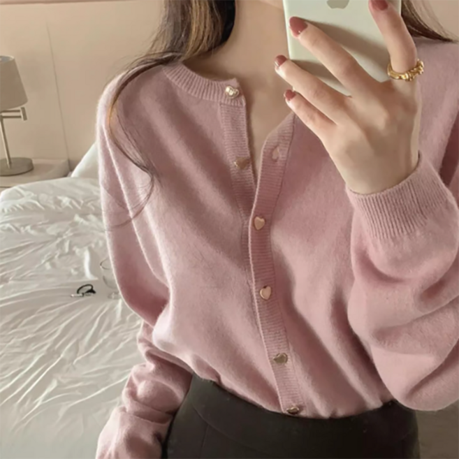 피어니스트 여성용 심플 무지 캔디 컬러 니트 긴팔 가디건