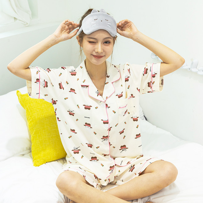 테라우드 커플용 모모데이 카라 반팔 잠옷 상하의 세트