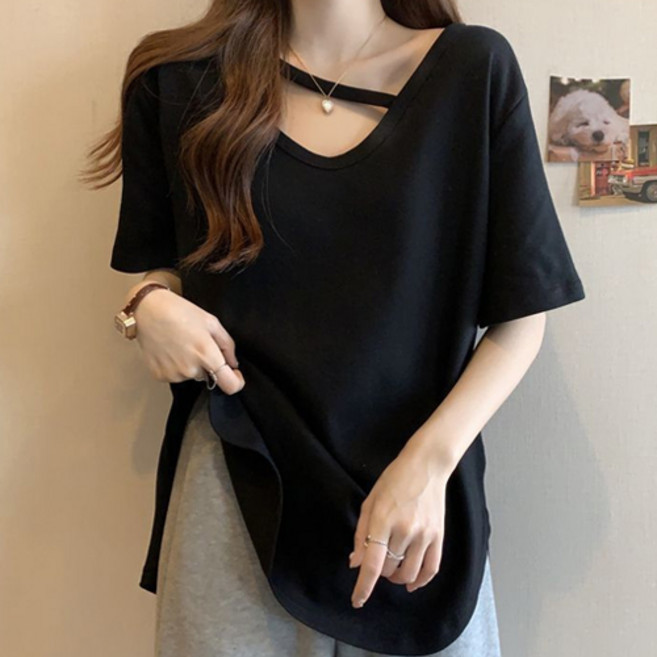 파라다이소 여성용 쇄골라인 포인트 트임 반팔 루즈핏 티셔츠