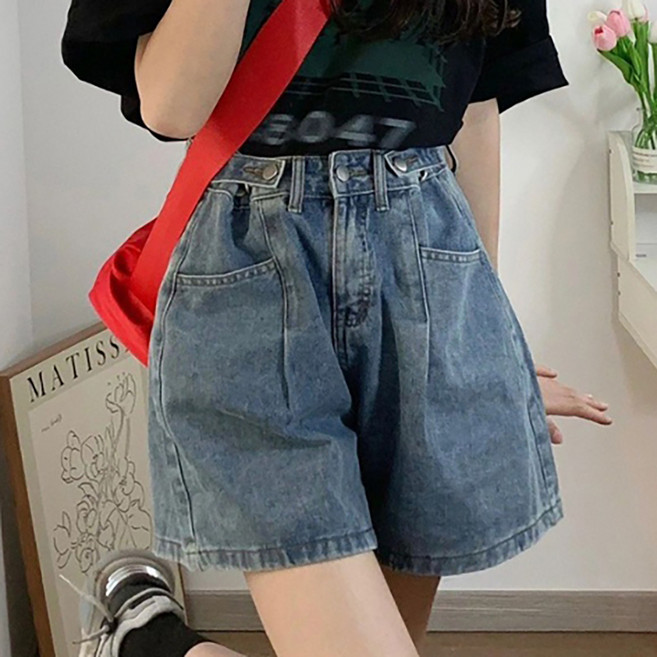 INFIOUS 女款休閒可調腰圍大尺碼牛仔短褲 I263-0066