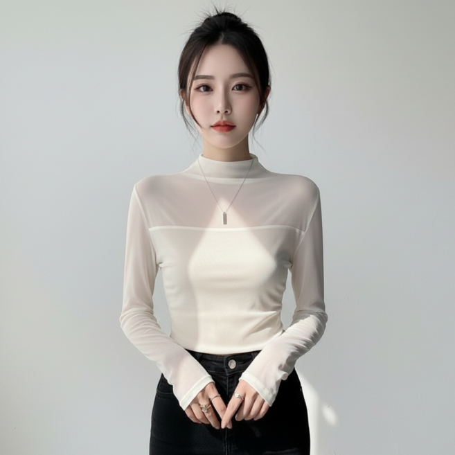 마켓피아 여성용 슬림 시스루 반목 긴팔 티셔츠