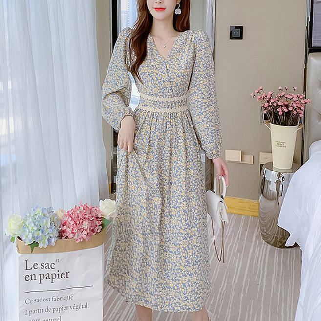MarketA 女款蕾絲小碎花V領長版連身裙, 藍色