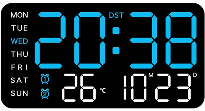 Couselect 多功能LED數字鐘/無邊框大螢幕電子鐘/掛立兩用床頭鬧鐘 時間溫度顯示/雙鬧鈴, 黑色殼 + 藍色燈