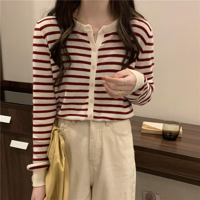 라라티나 여성용 다빈 라운드넥 칼라 스트라이프 가디건