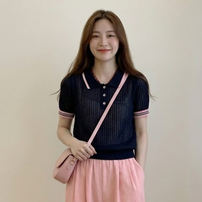 Theflow commerce 女款可愛風格撞色亮點針織短袖T恤