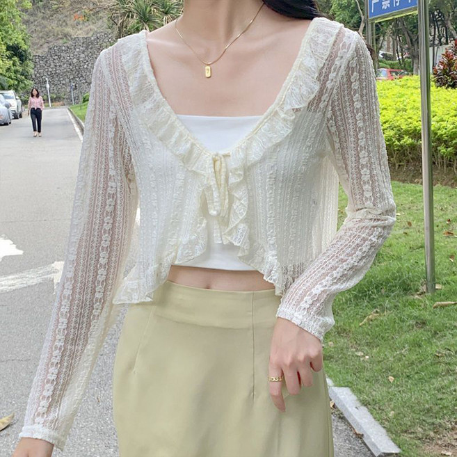 Goodif 女款荷葉邊蕾絲深V領短版開襟衫