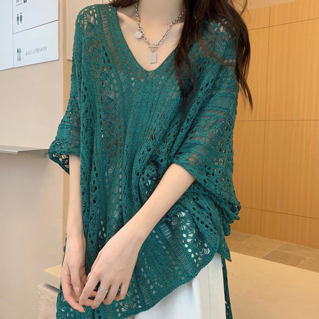 퀸이즈 여성용 브이넥 루즈핏 레이스 니트