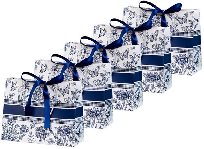 Hugoing 花卉圖案緞帶紙質購物袋, 5個, 海軍線
