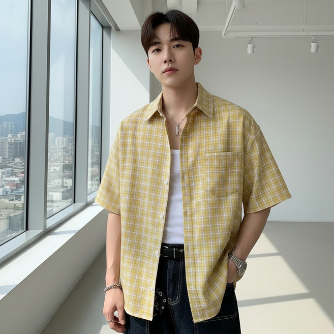닷이프 남성용 여름 포켓 체크 반팔 셔츠 D263-0503