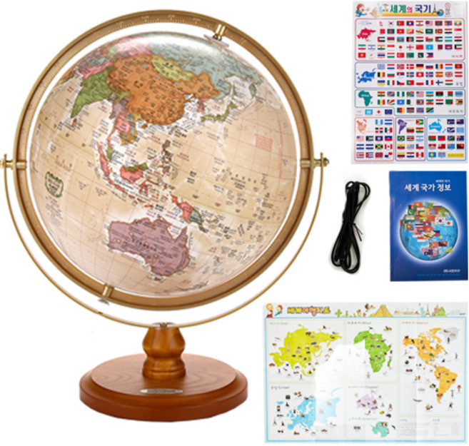 서전지구 USB타입 LED 등지구본 우드받침 320-GBSML + 세계전도 + 국기스티커 + 세계국가정보책자, 혼합색상