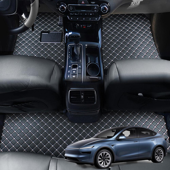 지엠지모터스 퀼팅 가죽 자동차 바닥매트, 블랙앤화이트스티치, 테슬라 모델Y 주니퍼