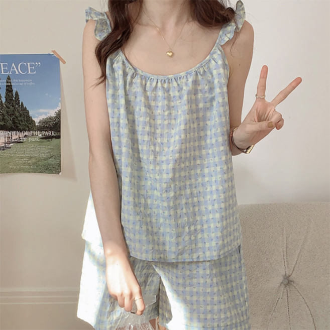 피어니스트 여성용 플라워 버블 나시 + 반바지 홈웨어 세트