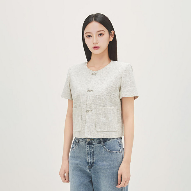 로엠 여성용 금속 장식 칼라리스 반팔 자켓