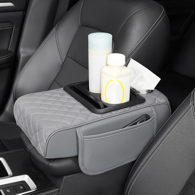 808 차량용 콘솔박스 수납 컵홀더 팔걸이 쿠션 라이트, 그레이, 1개