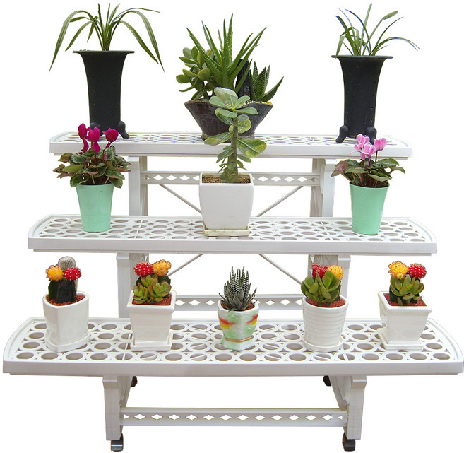 플라워 화분랙 정리대 이동형, 화이트, 3단