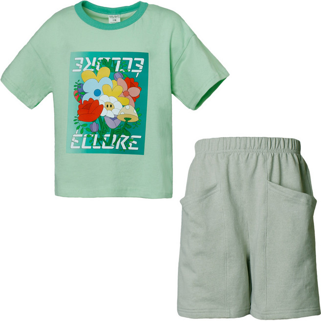 (주)유라비 아동용 플라워 면 티셔츠 아웃 포켓 팬츠 상하세트