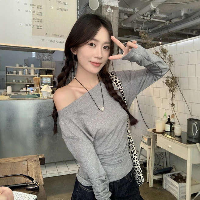 피어니스트 여성용 슬림 언발 오프숄더 무지 긴팔 티셔츠