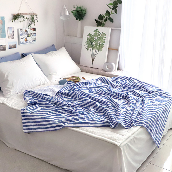 까사베르데 아쿠아 스트라이프 리플 양면 이불, 블루 + 화이트