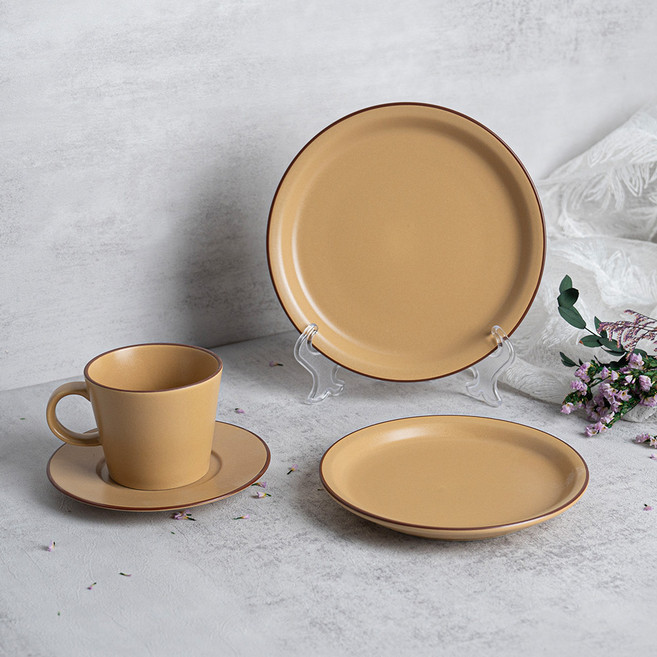 카네수즈 클라리스 각진 커피잔 + 1인 브런치 세트 3p, 브라운, 1세트, 원형접시 1호 + 2호 + 각진 커피잔 세트