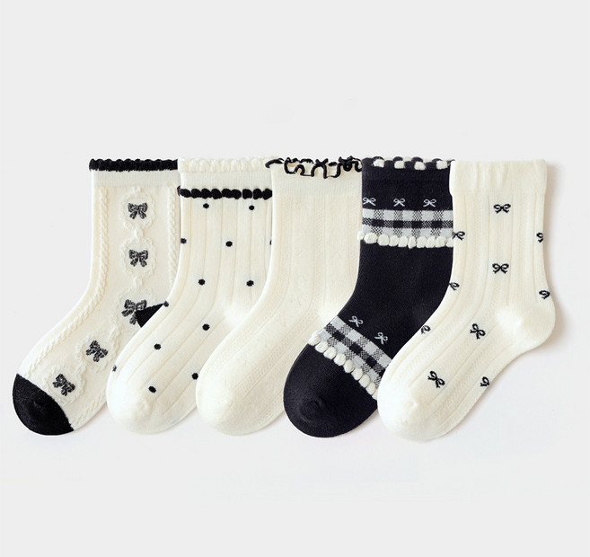 아이뿜 여아용 블랙 리본 체크 양말 5종 세트 F95