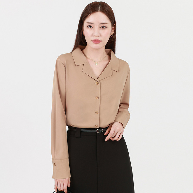 Elsso 女款柔滑寬鬆絲質翻領袖口長袖襯衫