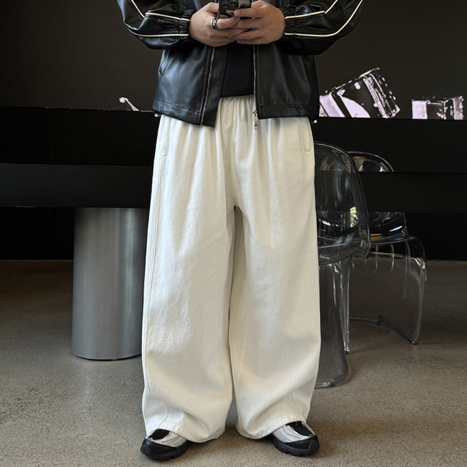 머시따 남성용 숏 롱 기장 사이드 절개 생지 데님 스트링 와이드 팬츠