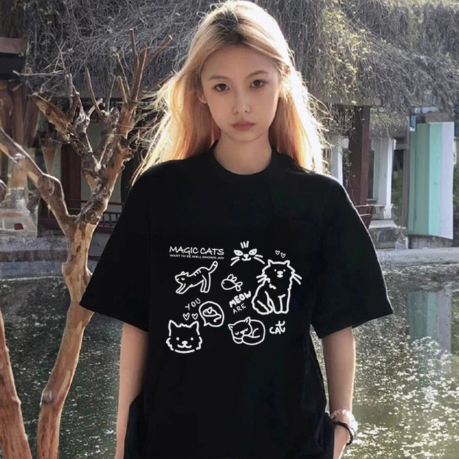 피어니스트 여성용 냥이멍이 프린트 크루넥 반팔티 2p