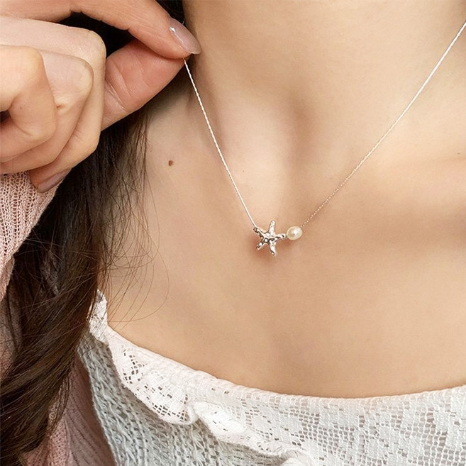 젤루나 여성용 불가사리 별 진주 볼 슬림 체인 드롭 목걸이 M-132