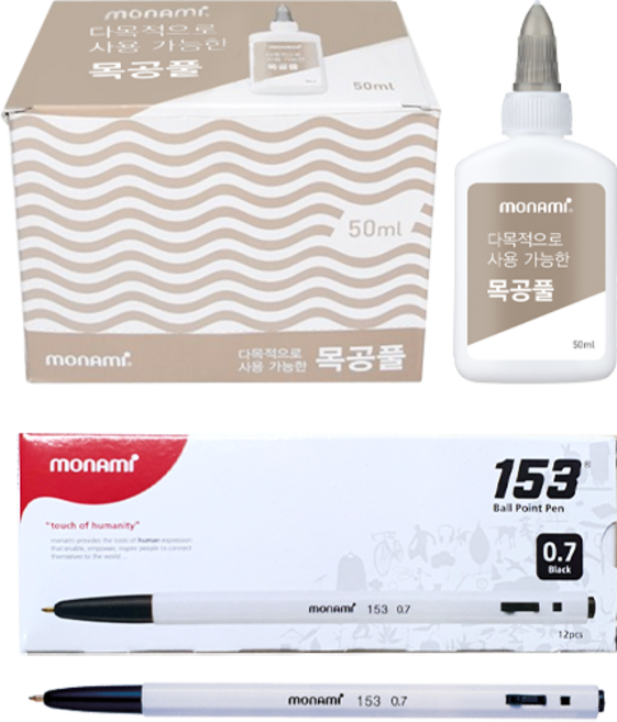 모나미 다목적으로 사용 가능한 목공풀 50ml x 12p + 153 볼펜 12p 세트, 검정, 1세트